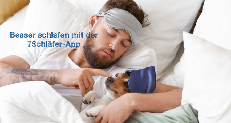 Junger Mann mit Schlafmaske und Hund